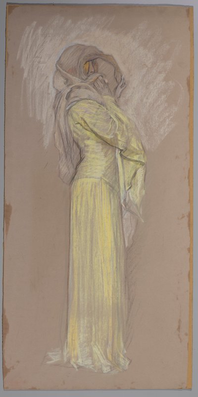 Çalışma, sarı elbiseli, yüzünde kahverengi peçeli bir kadın. by Edwin Austin Abbey