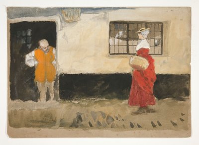 Sokak sahnesinin incelenmesi, kapıdaki adam, kırmızı elbiseli kadın. by Edwin Austin Abbey