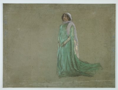 Çalışma, uzun yeşil elbiseli kadın, pembe eşarp by Edwin Austin Abbey