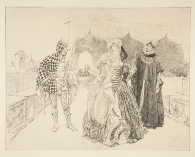 Palyaço ve Malvolio, I. Perde, Sahne v, On İkinci Gece için illüstrasyon by Edwin Austin Abbey