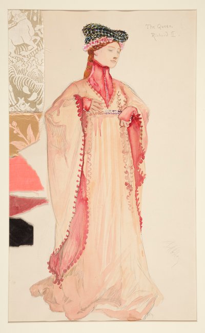 Kraliçe (pembe), Henry Irving için kostüm çizimi by Edwin Austin Abbey