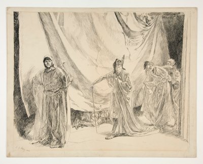 Oyuncuların Yeniden Girişi, V. Perde, Sahne I, Bir Yaz Gecesi için çizim by Edwin Austin Abbey