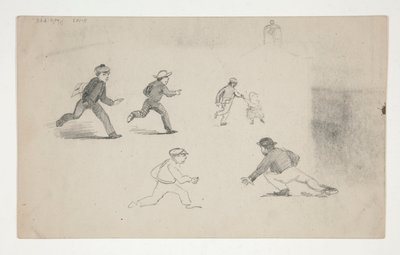 Üç Çalışma (atlı erkekler, kafa çalışması) (rekto); Koşan Figürlerin Altı Çalışması, Bir Çan Kulesinin Çalışması (verso) by Edwin Austin Abbey
