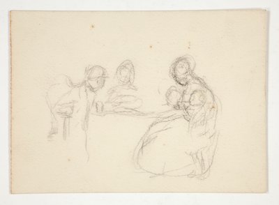 Tanımlanamayan illüstrasyon- Bir masadaki rakamların incelenmesi. Arkada oturan adam. by Edwin Austin Abbey