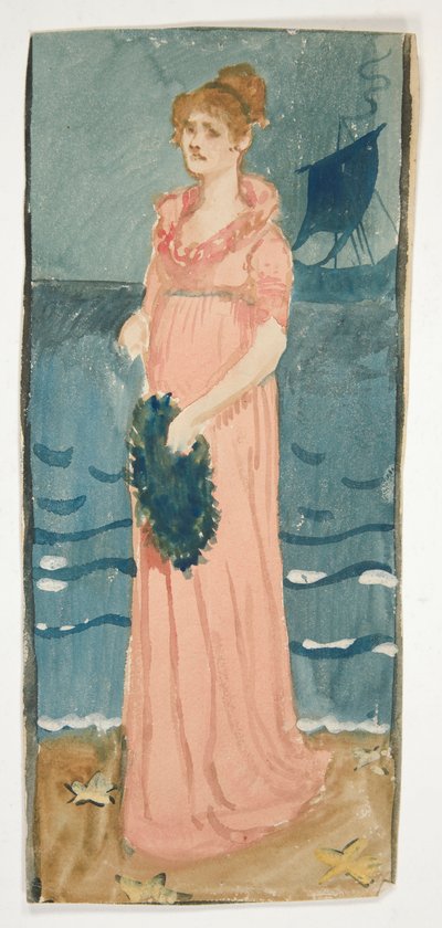 Sahilde bir kadının tanımlanamayan çizimi, uzaktaki gemi by Edwin Austin Abbey