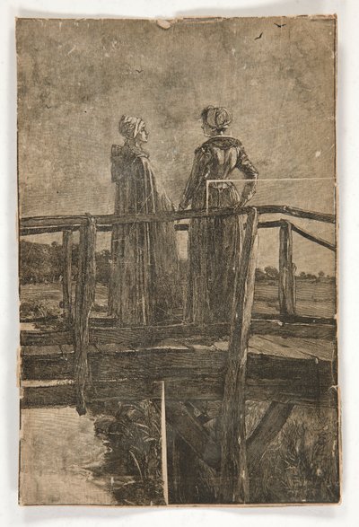 E.A. tarafından isimsiz ahşap gravür Ahşap bir yaya köprüsü üzerinde iki bayan manastırı (?) - William Black için illüstrasyon by Edwin Austin Abbey