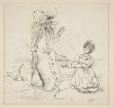 Sahilde kadın ve yılan, The Lay of the Lobster için eskiz by Edwin Austin Abbey