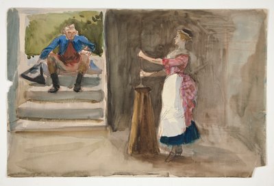 Tereyağı çalkalayan kadın, Devrimci elbiseli adam izliyor - (tanımlanamayan resim) by Edwin Austin Abbey