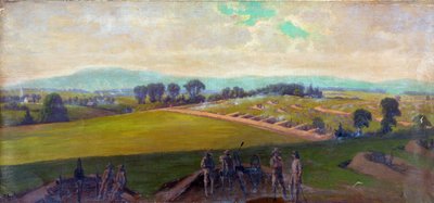 Amerikan İç Savaşı 1861-1865: Gettysburg Muharebesi 1-3 Temmuz 1863. Savaşta en ağır ABD kayıpları. "General Lee komutasındaki Virginia Ordusu'nun son direnişi". Yağ. Edwin Forbes (1839-1895) Amerikalı sanatçı. Askeri Topçu by Edwin Austin Forbes