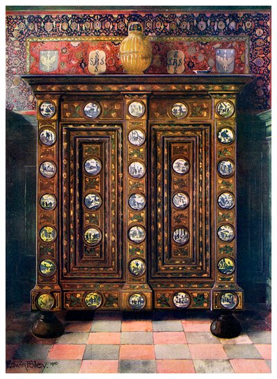 Ceviz kaş işlemeli ve boyalı madalyonlu Delft malı, 1910. by Edwin Foley