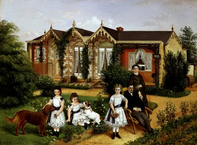 Alma Cottage 1874. Bir kır evinin önündeki bahçede aile portresi. Edwin Frederick Holt