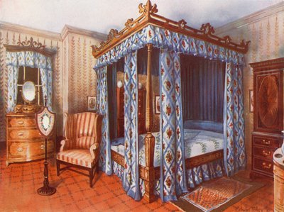 A Hepplewhite Bedroom. Chintz-Curtained Inlaid Satinwood Bed. Inlaid Satinwood Dressing Chest and Mahogany Wardrobe by Edwin John Foley