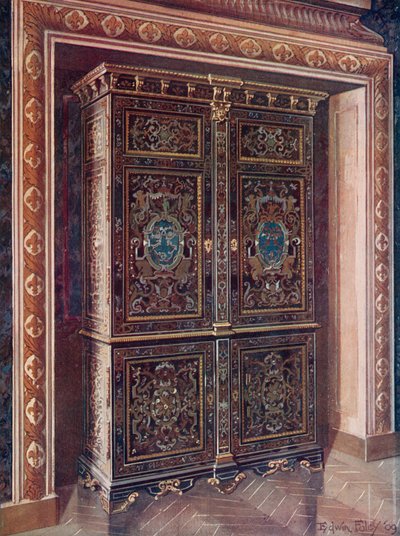 Oyma Pirinç ve Beyaz Metal Kakmalı Abanoz Armoire. Kovalanan Ormolu Montajları. Turkuaz Mavisi Oval Madalyonlar İçinde Ters Çevirilmiş L