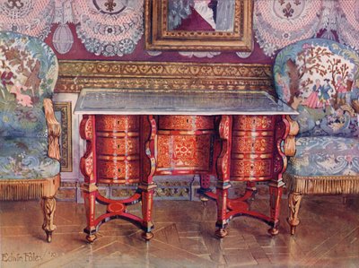 Kırmızı Kaplumbağa Kabuğu ve Lake Çelik Üstten Diz Deliği Yazı Masası. Boulle. Goblen Döşemeli Yaldızlı Fauteuils by Edwin John Foley