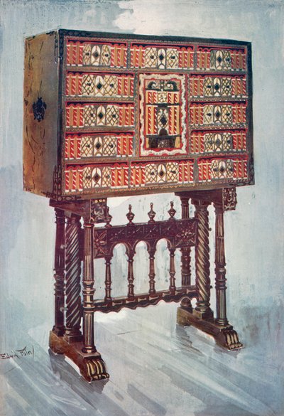 Vargueno Kestane, Fildişi, vb., Boyalı ve Yaldızlı, Ferforje ve Çelik Bağlantılı Dolap: Bükülmüş, Döndürülmüş ve Oyulmuş Stand Üzerine by Edwin John Foley