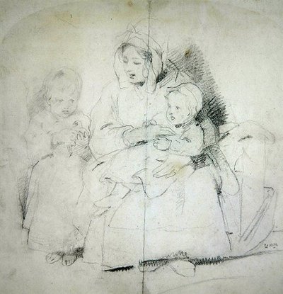 İki Çocuklu Bir Anne (kağıt üzerine kalem) by Edwin Landseer