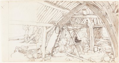 Ahır (birleştirilmiş iki yaprak dokuma kağıt üzerine grafit üzerine kalem ve kahverengi mürekkep) by Edwin Landseer