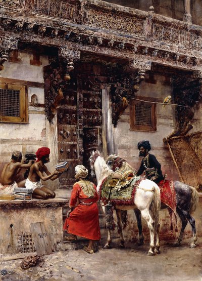 Teak-Ahşap Binanın Yanındaki Kasaları Satan Zanaatkar, Ahmedabad, c.1885 by Edwin Lord Weeks