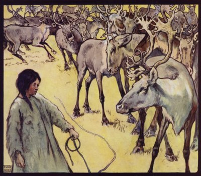 Ren Geyiği Sürüsü ile Bir Lapp Kızı (renkli taş) by Edwin Noble