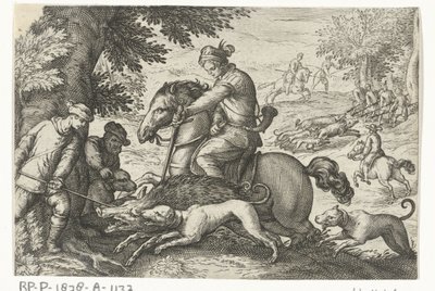 Yaban domuzu avı ile tepelik manzara Av sahneleri (dizi adı) Icones Venantum Species Varias Representantes (dizi başlığı) by Egbert Jansz.