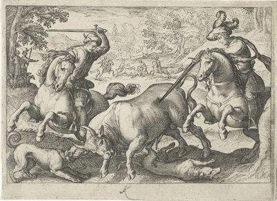 Boğa avı ile manzara Av sahneleri (dizi adı) Icones Venantum Species Varias Representantes (dizi başlığı) by Egbert Jansz.