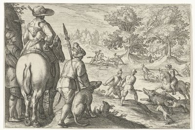 Yaban domuzu avı ile manzara Av sahneleri (dizi adı) Icones Venantum Species Varias Representantes (dizi başlığı) by Egbert Jansz.