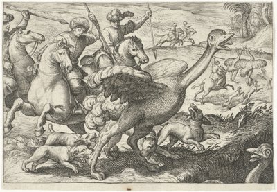 Devekuşu avı ile manzara Av sahneleri (dizi adı) Icones Venantum Species Varias Representantes (dizi başlığı) by Egbert Jansz.