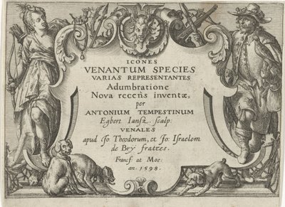 Av sahneleri olan bir dizi için başlık baskısı Av sahneleri (dizi adı) Icones Venantum Species Varias Representantes (nesne üzerinde seri başlığı) by Egbert Jansz.