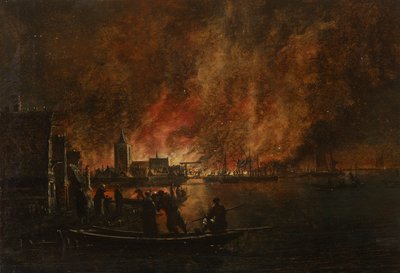 Hollanda kasabasında gece yangını by Egbert van der Poel