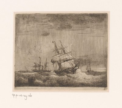 Denizde yelkenli gemiler ve kanatlı vapur by Egidius Linnig
