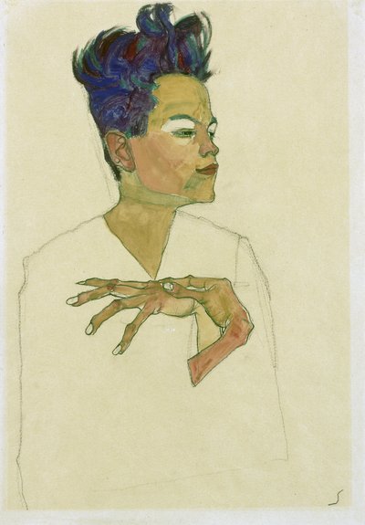 Elleri göğüste olan otoportre. (Eller Göğüste Kendi Portresi). Egon Schiele (1890-1918), kağıt üzerine suluboya ve tebeşir çalışması by Egon Schiele