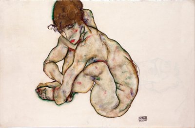 Crouching Nude Girl - Schiele, Egon (1890-1918) - 1914 - Siyah tebeşir, Kağıt Üzerine Guaj - 31,5x48,2 - Leopold Müzesi, Viyana by Egon Schiele
