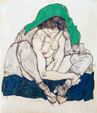 Yeşil Başörtülü Çömelmiş Kadın - Schiele, Egon (1890-1918) - 1914 - Siyah tebeşir, Kağıt üzerine guaj - 47x31 - Leopold Müzesi, Viyana by Egon Schiele