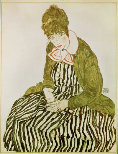 Edith Schiele, sanatçının eşi, oturur vaziyette (guaj, suluboya ve siyah pastel boya) by Egon Schiele