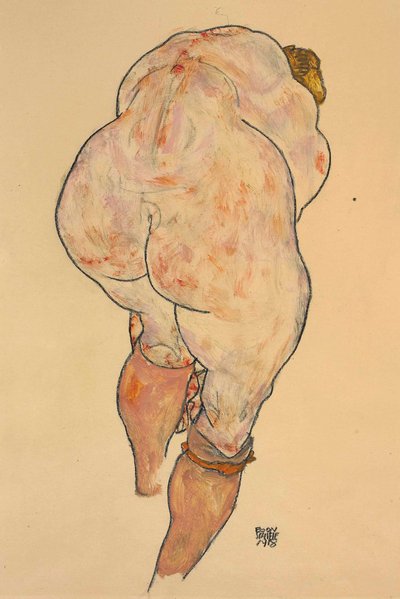 Çıplak Kadın Çorapları Çekiyor, Arkadan Görünüm, 1918. by Egon Schiele