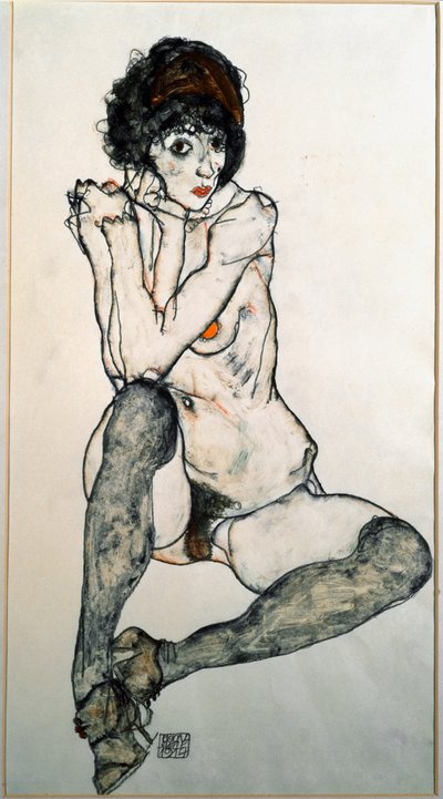 Kadın Çıplak Oturan Suluboya Çizimi Egon Schiele (1890-1918) 1914 Dim 48.3x32 cm Viyana Grafik Koleksiyonu Albertina by Egon Schiele