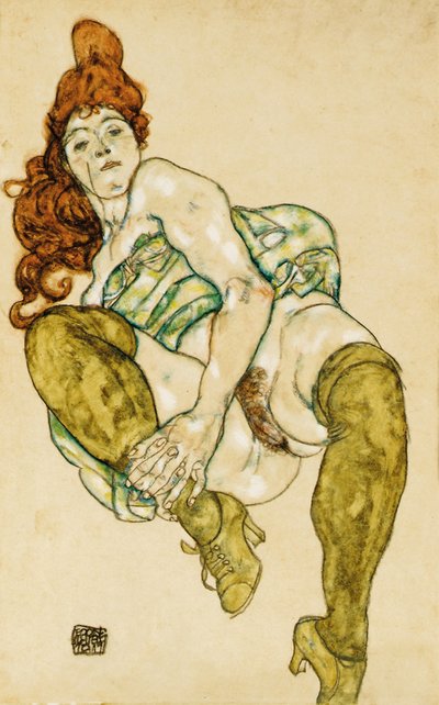 Sağ bacağını kenetleyen çıplak kadın, 1917 by Egon Schiele