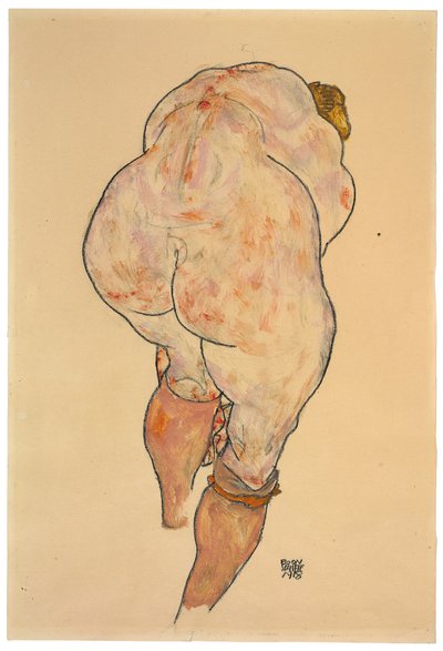 Çorap çeken çıplak kadın, arka görüş, 1918 by Egon Schiele
