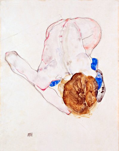 Öne eğilmiş mavi çoraplı çıplak kadın - Kağıt üzerine guaj boya, Egon Schiele (1890-1918) by Egon Schiele