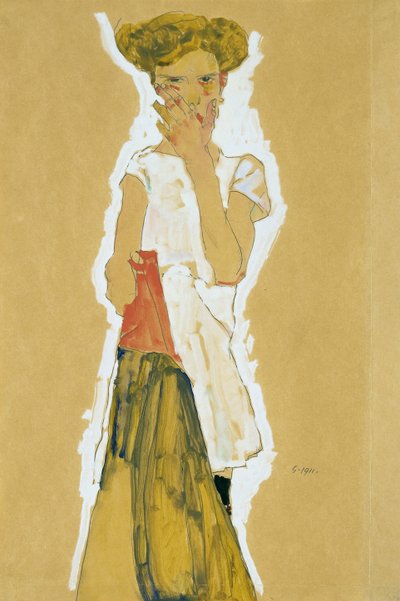 ""Beyaz İç Etekte Ayakta Kız"" (Beyaz İç İçte Ayakta Kız) Kağıt üzerine guaj, Egon Schiele (1890-1918) - 1911 Dim 55x37 cm Modern Sanat Müzesi, New York by Egon Schiele