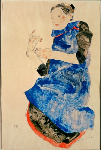 Mavi Önlüklü Kız (suluboya ve kurşun kalem) by Egon Schiele