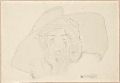 Büyük şapkalı bağıran genç bir kadının başı, çenesi eller tarafından destekleniyor. by Egon Schiele
