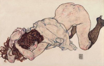 Diz çökmüş kız, iki dirseğine yaslanmış, 1917 by Egon Schiele