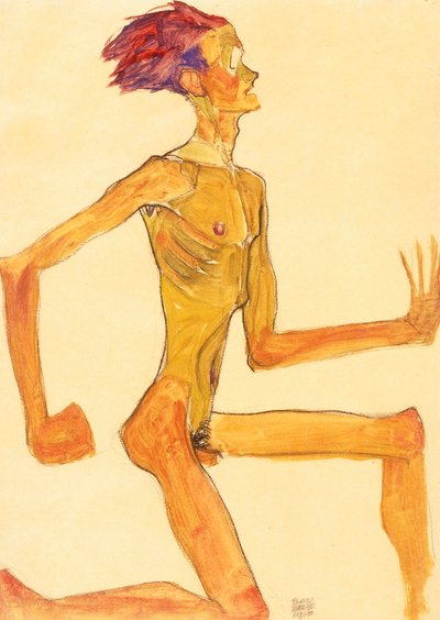Sağdaki Profilde Diz çökmüş Çıplak Adam by Egon Schiele