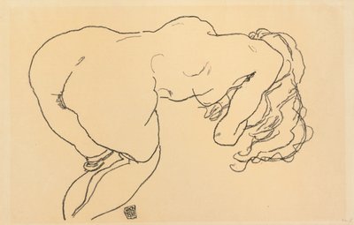 Uzun Saçlı Çıplak, Öne Eğik, Arkadan Görünüm; Langhaariger Akt, vornubergebeugt, Ruckenansicht, 1918 by Egon Schiele