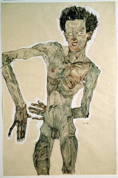 Erkek Çıplak (Oto Portre). Çizim Egon Schiele (1890-1918), 1910. Kağıt üzerine kurşun kalem, sulu boya ve tempera. Karartma: 55,7x36,8cm. Viyana, Graphische Sammlung Albertina by Egon Schiele