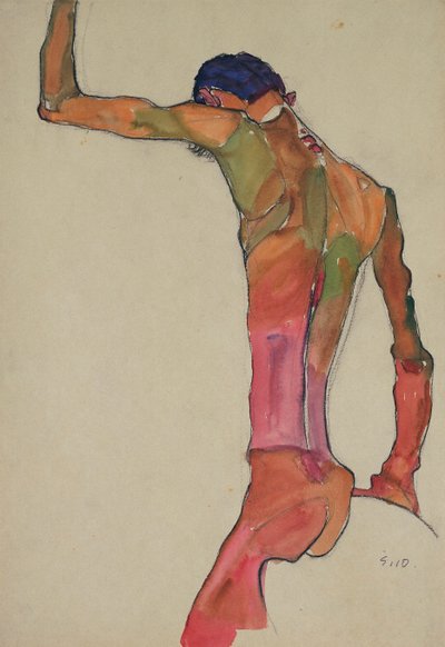 Kolları Kaldırılmış Erkek Çıplak - Oeuvre d'Egon Schiele (1890-1918) - 1910 - Kağıt üzerine suluboya ve kömür - 45x31 - Modern Sanat Müzesi, New York by Egon Schiele
