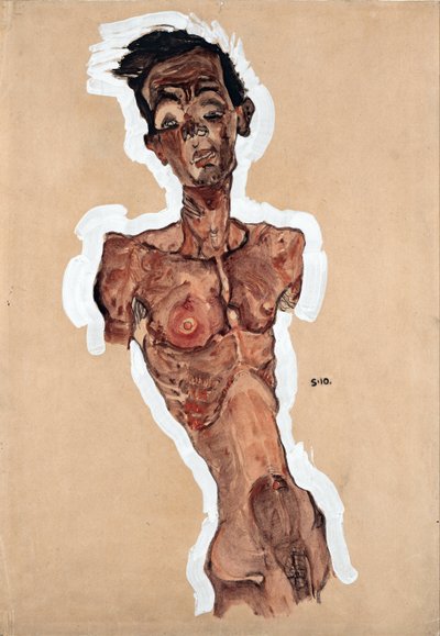 Çıplak Otoportre - Schiele, Egon (1890-1918) - 1910 - Siyah tebeşir, Kağıt üzerine guaj - 44,9x31,3 - Leopold Müzesi, Viyana by Egon Schiele
