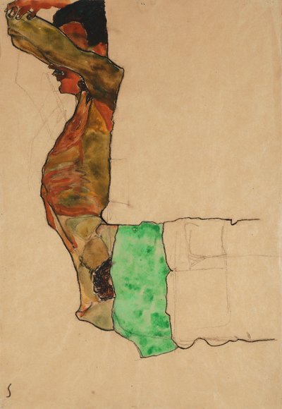 Yeşil Bezli Yatan Erkek Çıplak by Egon Schiele