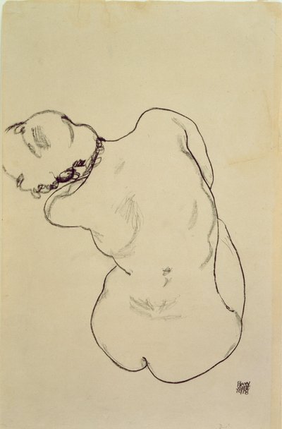 Yatan Çıplak - Arkadan Görünüm, 1918 (kağıt üzerinde siyah pastel boya) by Egon Schiele